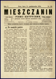 Mieszczanin : pismo krytyczne poświęcone obronie interesów mieszkańców miast. 1904, R.5, nr 20
