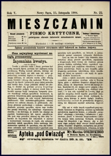Mieszczanin : pismo krytyczne poświęcone obronie interesów mieszkańców miast. 1904, R.5, nr 22