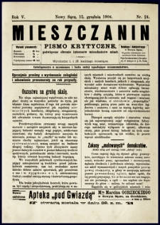 Mieszczanin : pismo krytyczne poświęcone obronie interesów mieszkańców miast. 1904, R.5, nr 24