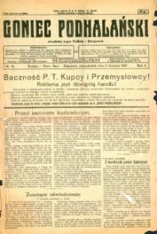 Goniec Podhalański : niezależny organ Podhala i Zdrojowisk. 1927, R.2, nr 16