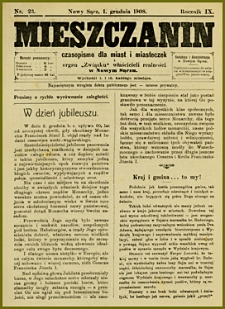 Mieszczanin : czasopismo dla miast i miasteczek i organ "Związku" właścicieli realności w Nowym Sączu. 1908, R.9, nr 23